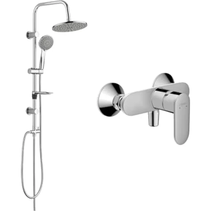 Belvit Hansgrohe Vernis Blend Einhebel Duschset, Regendusche 20 x 20 cm, Handbrause mit 3 Strahlarten, Keramikmischsystem, Temperaturbegrenzung, Duschstange 85 cm, Wandmontage, Chrom Grau