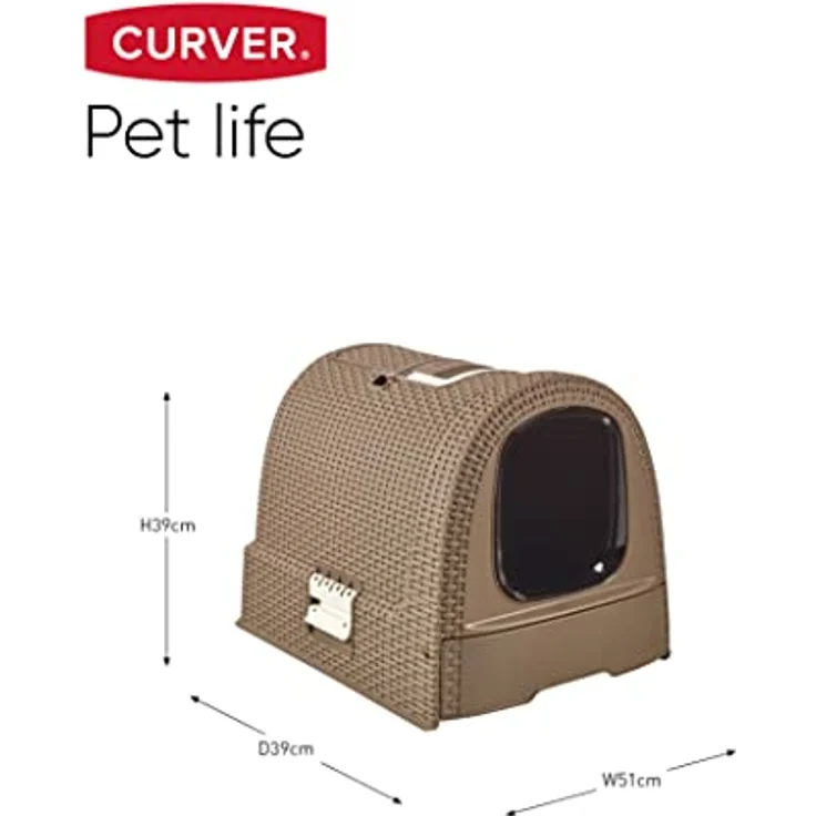 Curver petlife Katzentoilette mit Deckel, Katzenklo inklusive Schaufel, Moderne Rattangeflecht-Optik, Mokka, 51,5 x 38,5 x 40 cm – Bild 5
