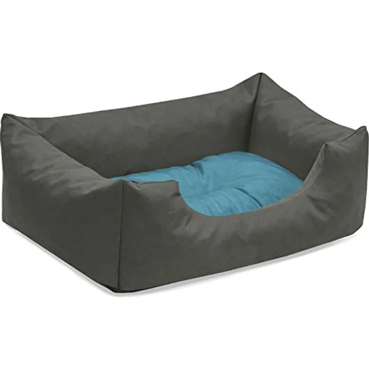 BedDog® Hundebett Mimi, Hundesofa aus Cordura, Microfaser-Velours, waschbares Hundebett Vier-eckig mit Rand, Hundekissen für drinnen, draußen, S, grau-blau
