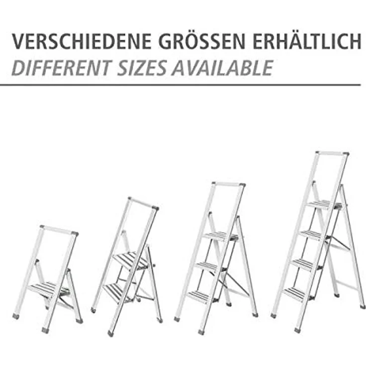 WENKO Leichte Aluminium Trittleiter mit 2 Stufen für 50 cm höheren Stand, rutschsichere XXL-Stufen, Design Klapptrittleiter mit 44 x 101 x 5,5 cm, Süd zertifiziert, weiß – Bild 6