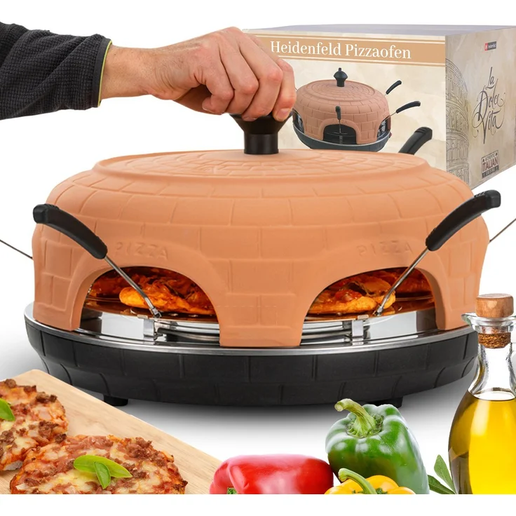 Heidenfeld Mini Pizzaofen Pizzachef, 1100 W Tisch-Pizzaofen mit handgefertigter Terrakotta-Kuppel für 6 Personen inkl. Pizzaschieber Raclette, orange