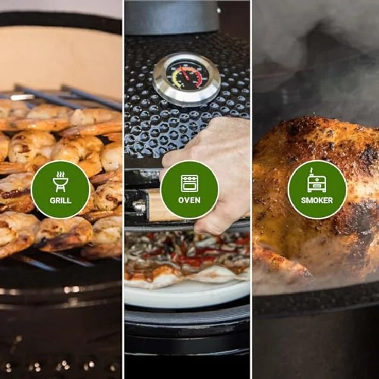 Kamado BONO Green Egg BBQ-Grill Zalgiris, Ø 55cm Holzkohlegrill mit Dual-Zone-Grillsystem, Keramik-BBQ-Smoker zum Kochen, Räuchern und Backen, inklusive Hähnchenhalter und seitlichen Tischablagen – Bild 5