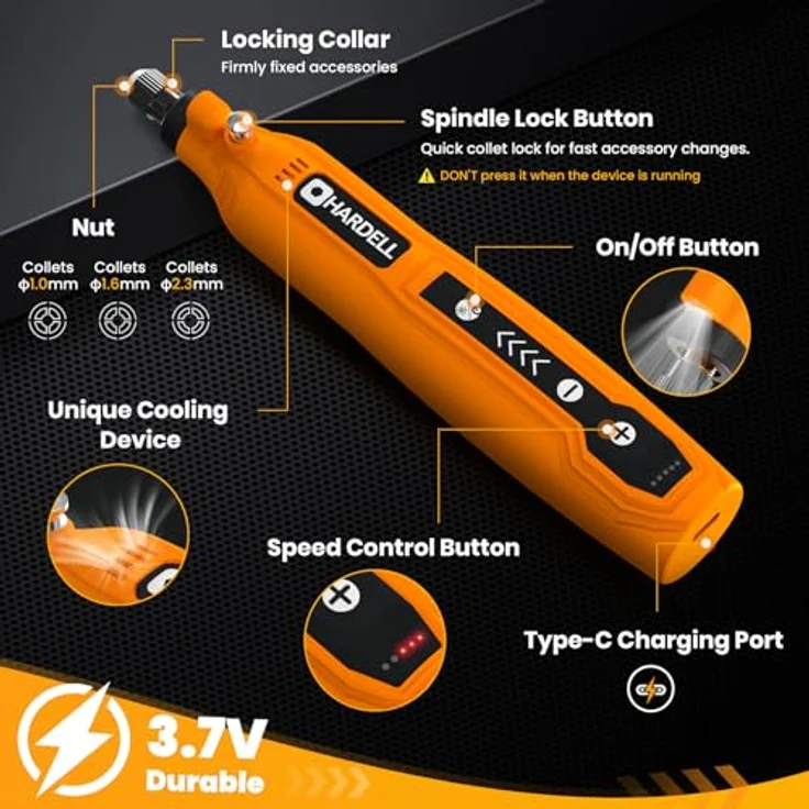 HARDELL Mini Akku Rotationswerkzeug mit 5 Geschwindigkeiten (5000-18000 U/min), 3,7V LED Multifunktionswerkzeug Set mit 69 Zubehör für Gravur von Resin, Holz und Glas – Bild 3