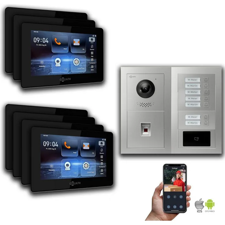 Goliath Intercom GL-IPH745, IP Video-Türsprechanlage für Mehrfamilienhäuser, 7 Zoll Monitor, Fingerabdruck-Scanner, Silber