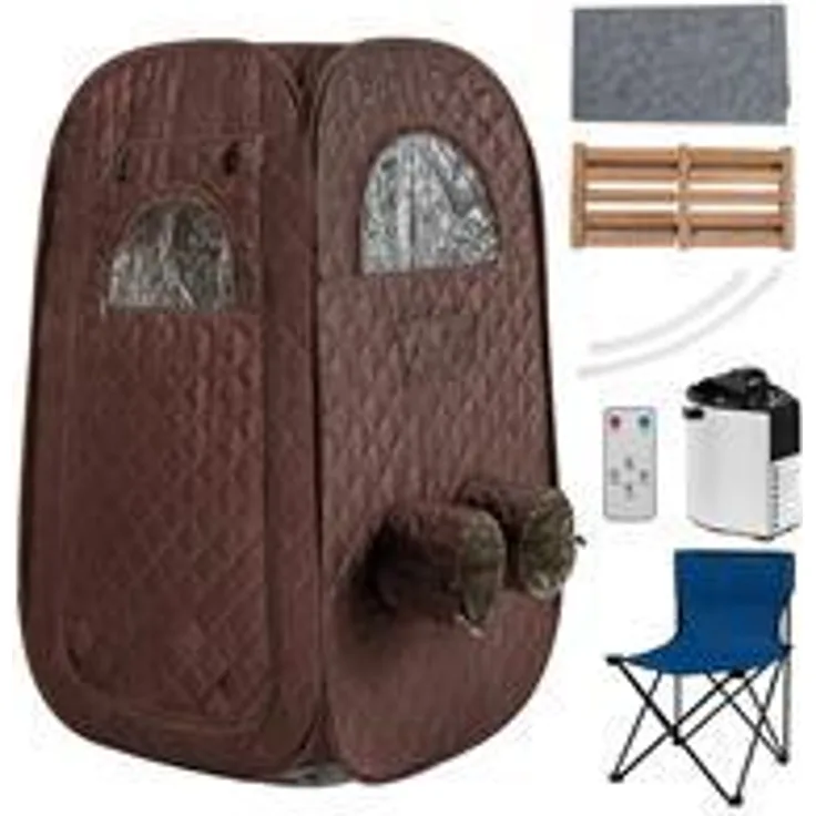 GOPLUS Tragbare Dampfsauna für 1-2 Personen mit 1000W Dampfgenerator, 3L Kapazität, Klappstuhl, Timer, Fernbedienung, schwarz/kaffee/grau