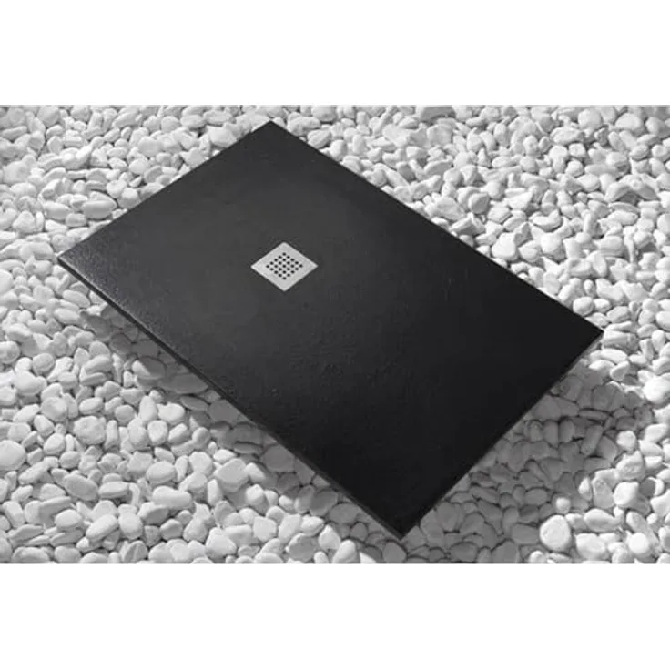 FRASCIO NEW TECNOLOGY Duschwanne Vulcano Line 85 x 105 cm, Schwarz, rutschfeste Oberfläche, Marmor-Kunstharz, integrierter Abfluss