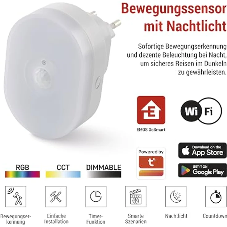 EMOS GoSmart 2in1 Infrarot-Bewegungsmelder und Nachtlicht, WiFi-Bewegungssensor mit App, farbiges Licht, 120° Erfassungswinkel, 5m Reichweite, IP20, 230V – Bild 2