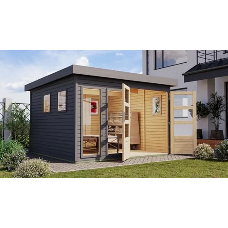 CHILLROI® Karibu Gartenhaus Pentus, lichtdurchflutetes Flachdach-Design aus nordischer Fichte, verschiedene Größen, terragrau, XL, inklusive Anbaudach