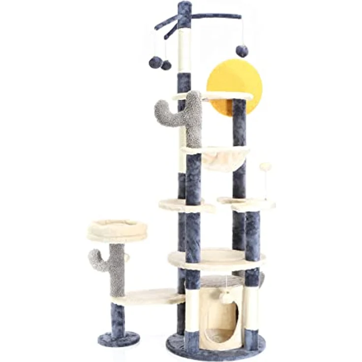 Fudajo Kratzbaum im Kaktusdesign Dunkelgrau 172 cm, Katzenkratzbaum mit Katzenhaus u. Liegemulde, Katzenbaum mit Sisal, Katzenmöbel mit Spielbälle – Bild 1