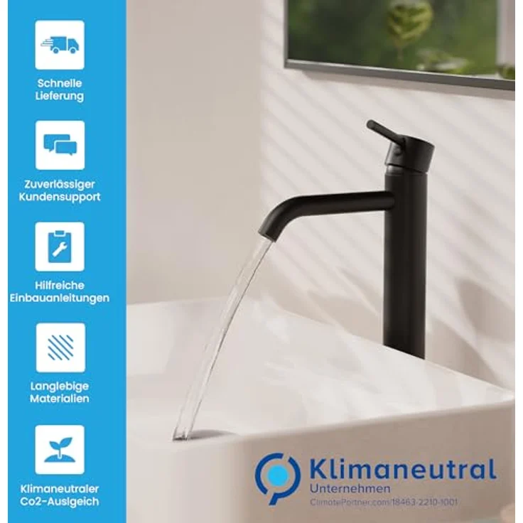 Bächlein Badarmatur Susara hoch mit gebogenem Auslauf, Extra hoher Design Einhebelmischer für Aufsatzwaschbecken mit langlebiger Keramikkartusche und Montage-Set, Bad Wasserhahn Matt Schwarz - Preisvergleich – Bild 5