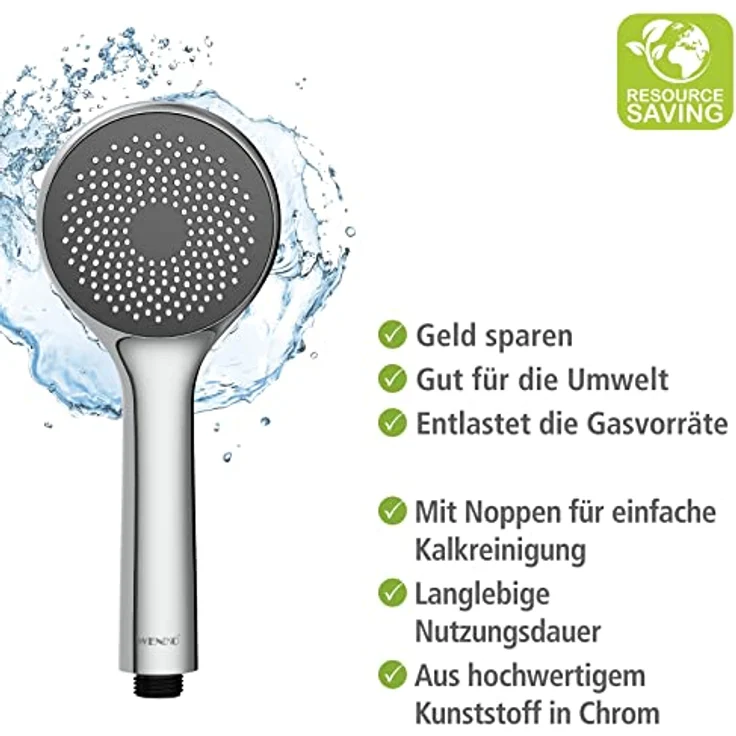 WENKO Wasserspar Duschkopf Watersaving, wassersparende Universal-Handbrause, Duschbrause mit Wasserspar-System, 40% Wasser sparen bei vollem Komfort, Duschkopf Ø 9,6 cm, ABS verchromt – Bild 4