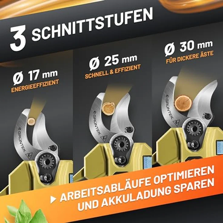 GRÜNTEK Akku Astschere 21V 2Ah Brushless, 400W bürstenloser Motor, SK5 Klinge, bis 30 mm Schnittdurchmesser, mit LCD-Display und Komplett-Set im Koffer – Bild 5