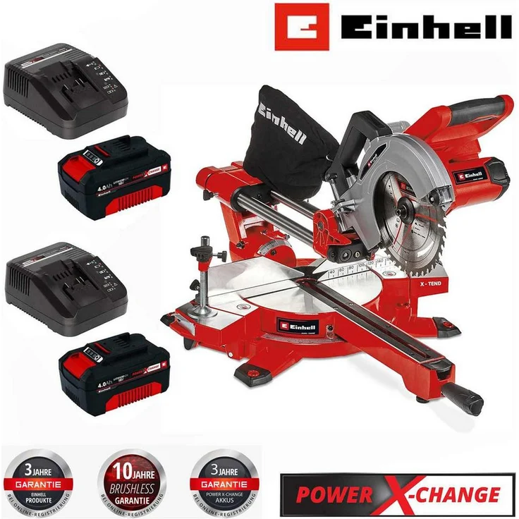Einhell Zug-, Kapp- und Gehrungssäge Akku-Zug-Kapp-Gehrungssäge 18V TE-SM 36/210 Li- mit Akku 4.0 Ah, Power X-Change, Laser, LED-Licht, Schnitttiefe bis 65 mm, Aluminium-Druckguss Drehtisch, HM-Präzisionssägeblatt, 2 Akkus 4,0 Ah, 2 Ladegeräte - blau