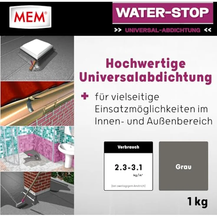 MEM Water Stop Abdichtungsmasse, Universalabdichtung & Feuchtigkeitssperre für innen & außen, lösemittel-, silikon- & bitumenfrei, Grau, 1 kg Eimer – Bild 2