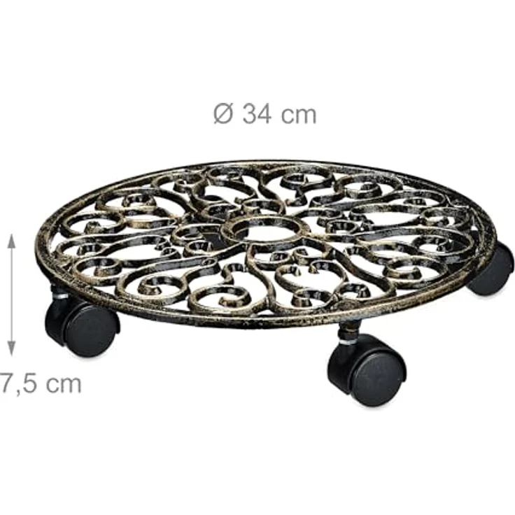 relaxdays Pflanzenroller 2er Set Gusseise, Bronze, Antikes Design mit Ornamenten, 4 Rollen, max. 25 kg Traglast – Bild 4