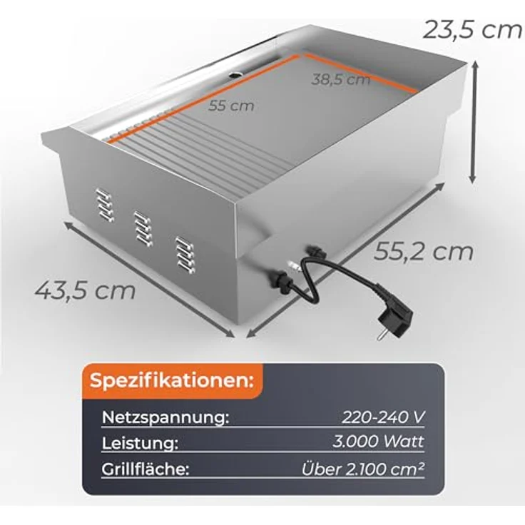 KLAMER Elektrogrill Edelstahl 3000W, XL Grillplatte 54,5x38,5 cm, präzise Temperaturkontrolle bis 300°C, kompakter Tischgrill – Bild 4