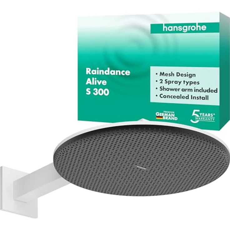 hansgrohe Raindance Alive S, wassersparende Kopfbrause (EcoSmart) mit 300 mm Duschkopf, 2 Strahlarten, Antikalk-Funktion, Wandmontage, Mattweiß, 24541700 – Bild 1