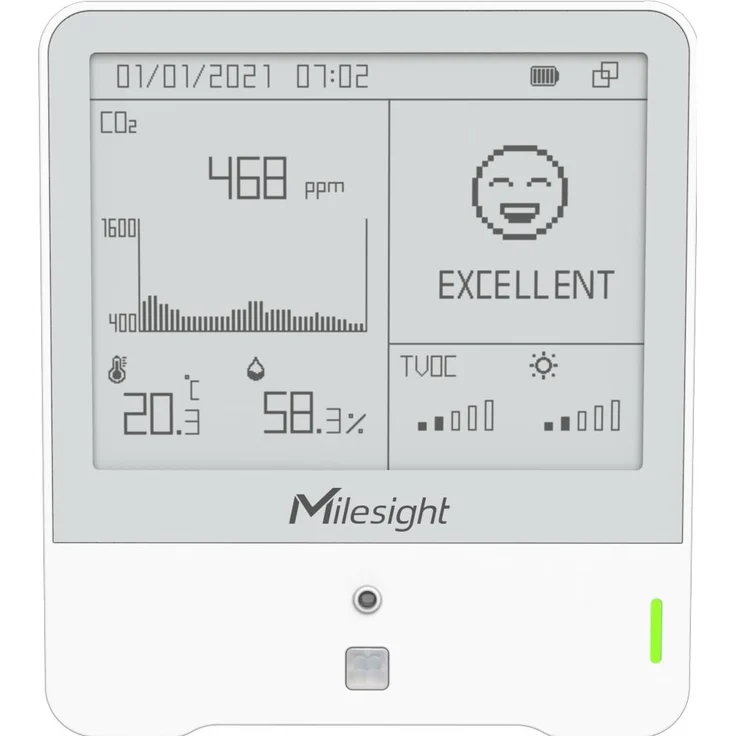 Milesight AM307, LoRaWAN Indoor Ambience Monitoring Sensor, Thermometer und Hygrometer mit CO2- und TVOC-Erfassung, batteriebetrieben, digitales Display