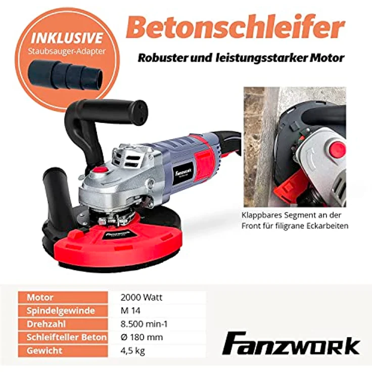 FANZTOOL Betonschleifer Betonfräse 2000W Set mit 180mm Diamantschleiftopf und Absaughaube – Bild 3