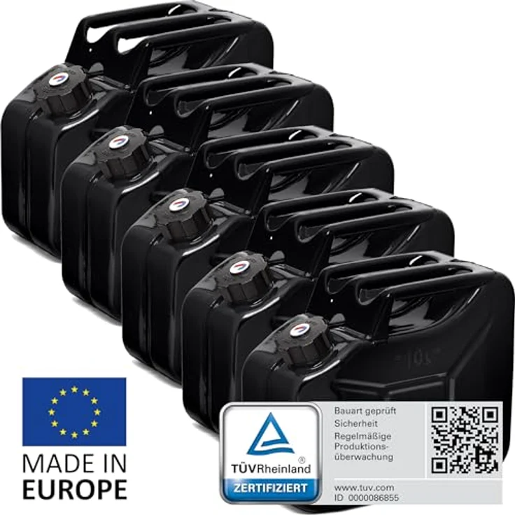 BW® Benzinkanister Metall 5x 10 Liter, Schwarz RAL 9005, mit Schraubverschluss, TÜV-geprüft, UN-zugelassen, 0,9mm Stahl, Made in Europe – Bild 2