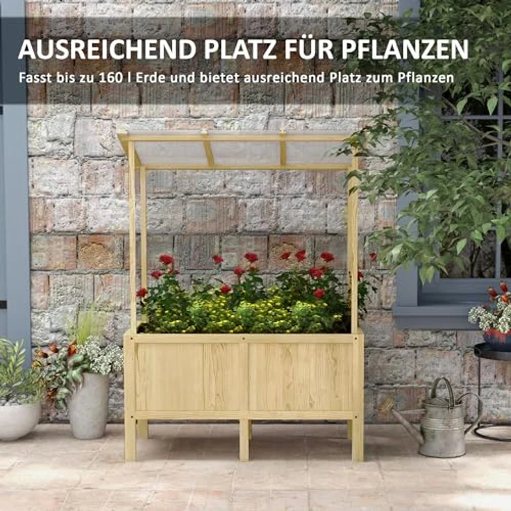 Outsunny Hochbeet aus Holz, Frühbeet mit Deckel, Pflanzkasten mit Vliesstoff, Naturfarben, für Garten und Balkon, 110 x 60 x 152 cm – Bild 3