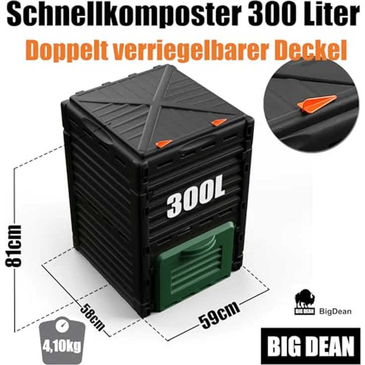 BigDean Schnellkomposter Garten 300 Liter, wetterfester Kunststoff in Schwarz mit grünen Details, UV-beständig und langlebig – Bild 5