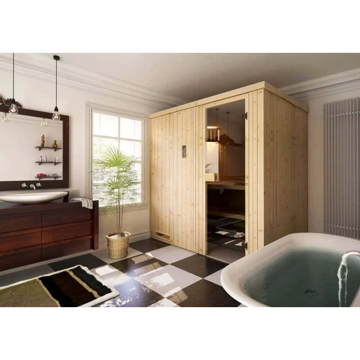 FinnTherm Sauna Innensauna Cenik, BxTxH: 194 x 144 x 199 cm, 40 mm, modernes Design, stabile 68 mm Wandstärke, bronzierte Ganzglastür