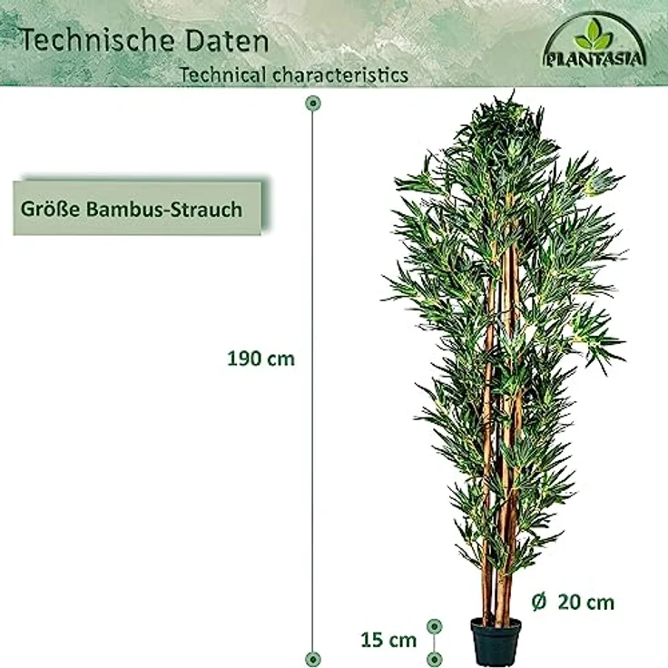 PLANTASIA Kunstpflanze Bambus Strauch 190 cm, authentischer Stamm mit 1840 Blättern, Echtholzoptik, schwarzem Untertopf – Bild 4