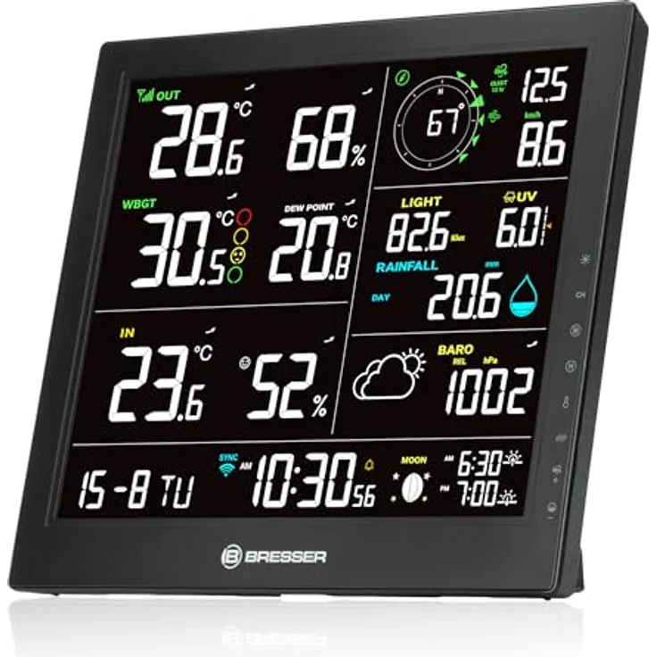 Bresser WLAN-Wetterstation 8-in-1 mit 10"-Display, Außensensor, Windmesser, Regenmesser, UV-Index, WBGT Hitzealarm, Mondphase, Innenhygrometer – Bild 4