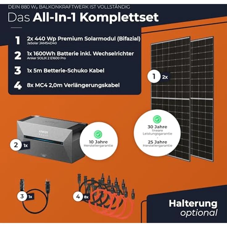 Solarway® All In One Balkonkraftwerk mit Speicher 880W + 1,6 kWh Anker Solix 2 PRO - 440W bifaziale Solarmodule & Anker Speicher & Zubehör – Bild 3