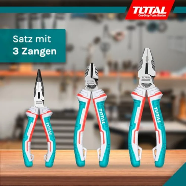 TOTAL Zangen-Set 3-teilig, 1x 180-mm Universalzange, 1x 160-mm Schneidzange, 1x 160-mm Flachzange, Chrom-Vanadium, Anti-Fall-Schutz, ergonomischer Griff – Bild 2