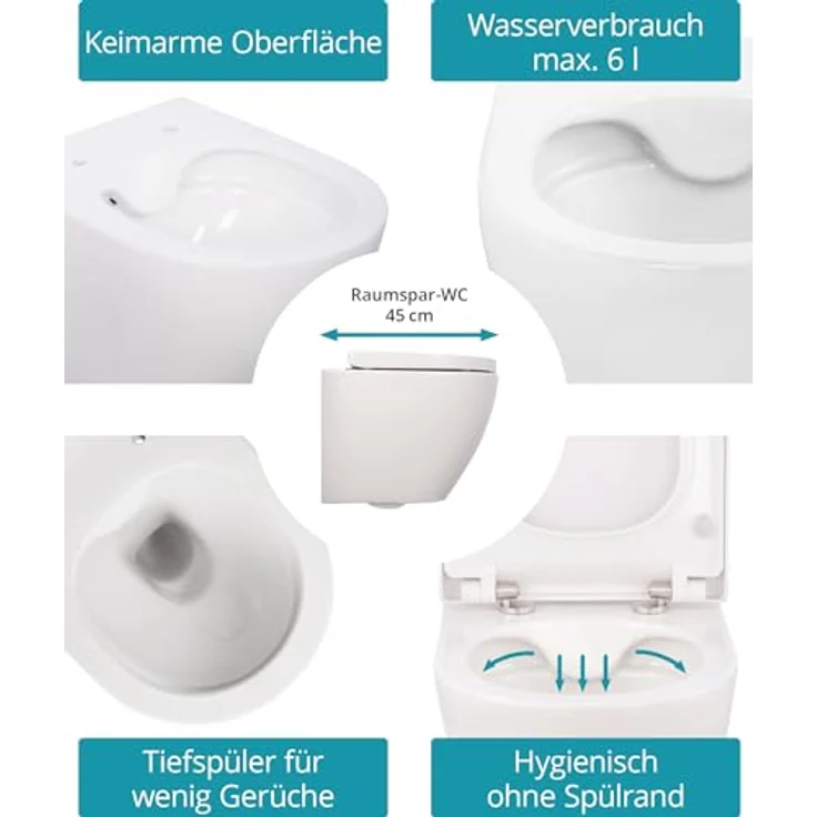 Calmwaters Tiefspül-WC, Wandhängend, Abgang Waagerecht, Raumspar WC 45 cm, spülrandlos, Absenkautomatik, Weiß – Bild 3