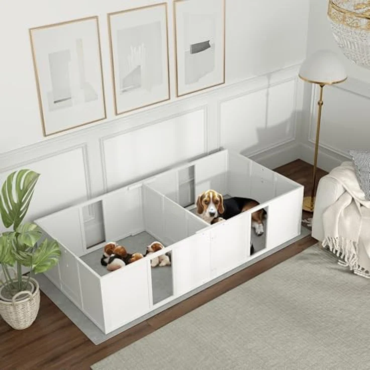 PawHut Wurfkiste für Welpen, Welpenauslauf mit rutschfeste Bodenschoner, Verstellbare Tür, Welpenlaufstall aus Holz, 196 x 96 x 48 cm, Weiß – Bild 2