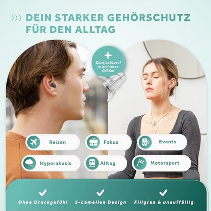 Schallwerk ® Strong+ Daily Gehörschutz Ohrstöpsel, transparent, dämpfen Lärm bis 42,5 dB und erhalten Klangqualität für Musik, Alltag und Arbeit – Bild 2