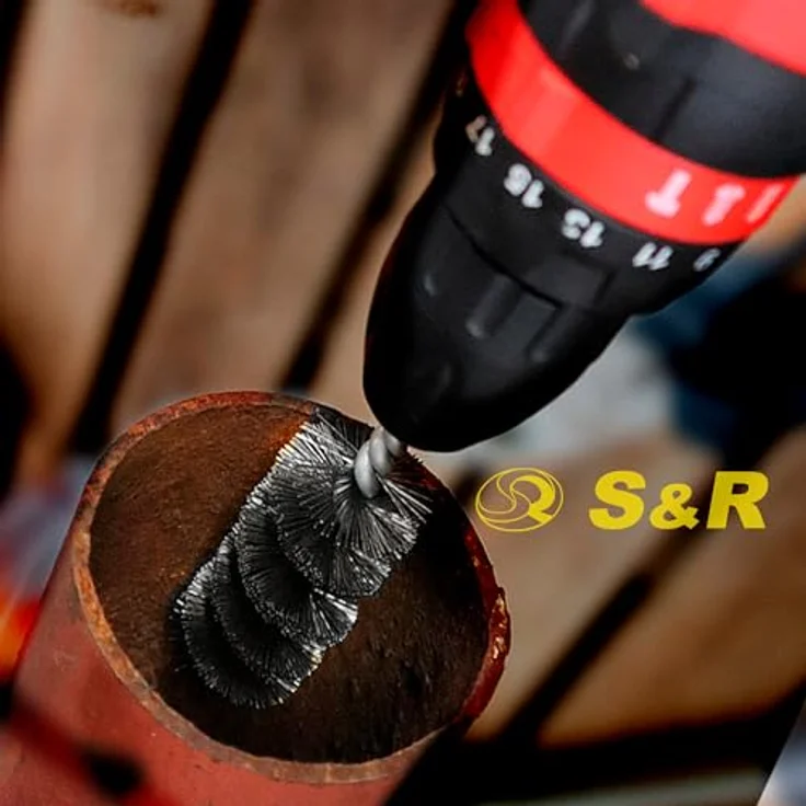 S&R Drahtbürste Set für Bohrmaschinen, gewellter Stahldraht - Rundschaft 6mm, Winkelschleifer, Flex, 5-tlg, für Sicheres entrosten, entgraten, abtragen, schleifen, Farbe: 5-tlg. – Bild 7