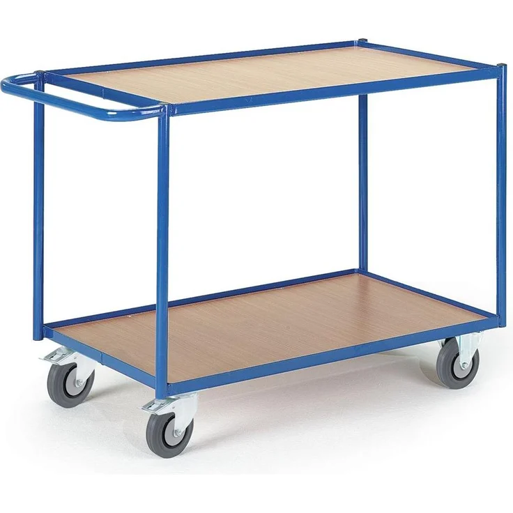 Rollcart Transportwagen, Tischwagen mit 2 Etagen, 300 kg Tragkraft, pulverbeschichtet enzianblau, Holzwerkstoffplatte in Buche-Dekor