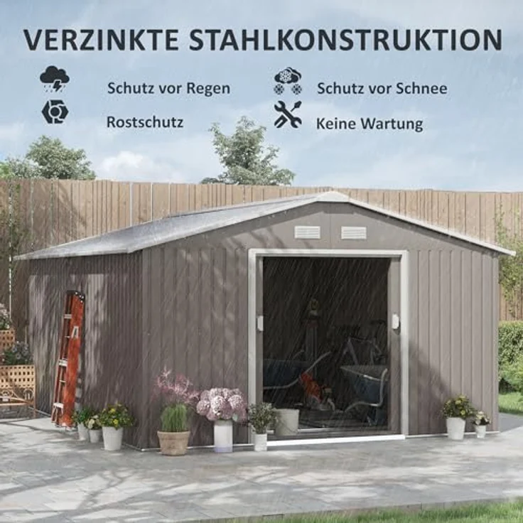 Outsunny Gerätehaus 12,4 m², Gartenhaus mit Pultdach, Schiebetür, Fundament, wetterfest, Hellgrau – Bild 3