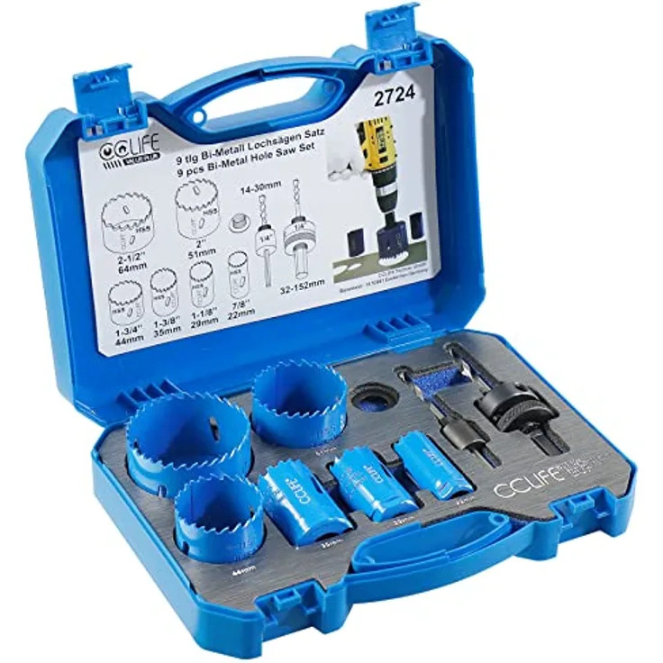CCLIFE Lochsäge Set Bi-Metall, 8tlg Bimetall M3 HSS-CO Lochbohrer Ø22-64mm | Schnitttiefe 38mm | zum Bohren von Edelstahl Leichtmetall Holz PVC Kunststoff usw.