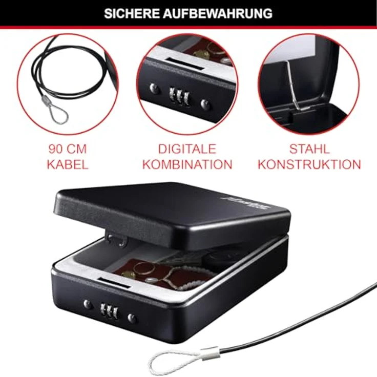 MASTER LOCK Kompakttresor (Kombination) (mit Kabel) P005CEURBLKHRO Ideal für Scheckbücher, Schmuck, Ausweise, Smartphone und mehr – Bild 4