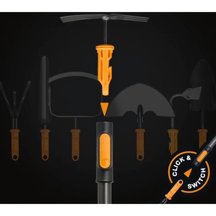 Fiskars OneClick Kombihacke, 2-in-1 Aufsatz zum Lockern und Unkrautjäten, müheloser Wechsel mit nur einem Klick, Borstahl, Breite: 5 cm, Schwarz/Orange, 1080695 – Bild 4