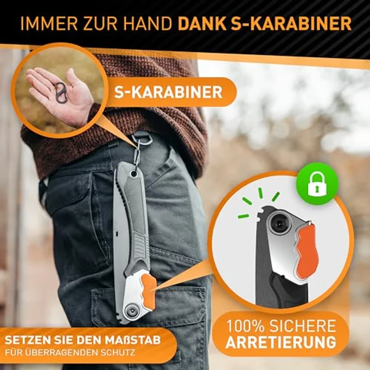 HARDTWERK Klappsäge ALPHA Astsäge 210mm mit Safety Lock, SK5 Karbonstahl, inklusive S-Karabiner für Garten, Outdoor und Bushcraft – Bild 4