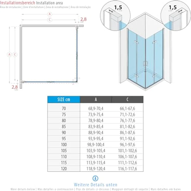 Moments of Glass Duschkabine MATILDE, Eckduschkabine 85x105 cm, 190 cm Höhe, mit Falttüren aus 6 mm NANO ESG Sicherheitsglas, wasserdicht mit Magnetverschluss – Bild 3
