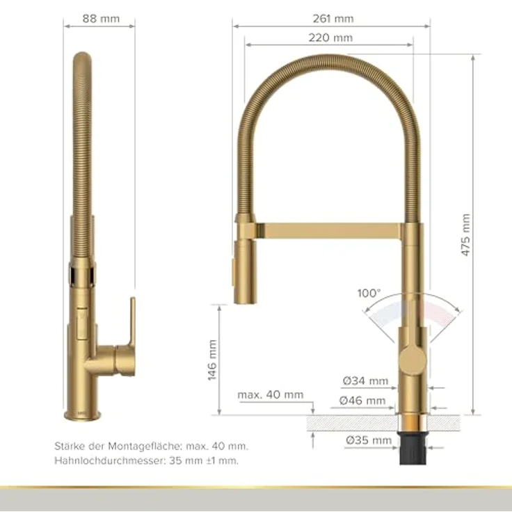 Lenz Küchenarmatur ALUNA Gold, flexible Geschirrbrause mit 2 Strahlarten, Anti-Fingerabdruck Oberfläche, hochwertige Keramikkartusche und Markenmischdüse – Bild 3