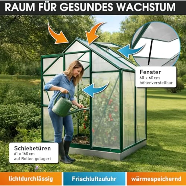 BRAST Gewächshaus Aluminium mit Fundament, 130x190x195cm, grün, 6mm Hohlkammerplatten, rostfrei, wetterfest und temperaturbeständig – Bild 6