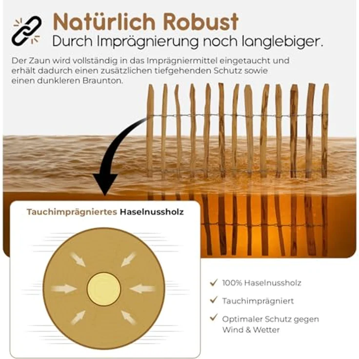 BooGardi Staketenzaun Holz, 50cm hoch aus Haselnuss, 50cm x 5m, Lattenabstand 7-9cm, imprägnierter Holzzaun für Garten und Teich – Bild 5