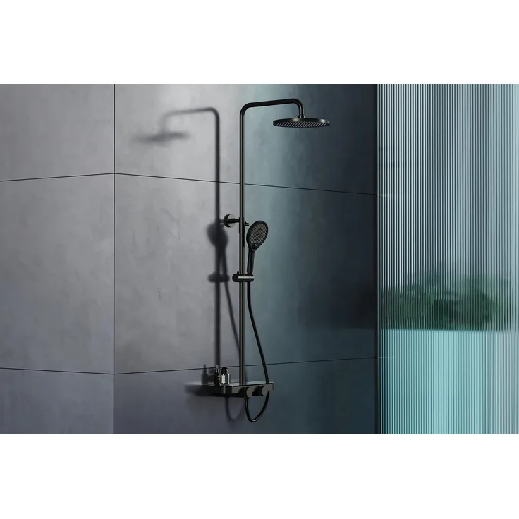 Bernstein Duschsystem BS371, Schwarz matt - inkl. Duschkopf und Handbrause - mit Thermostat und Ablagefläche