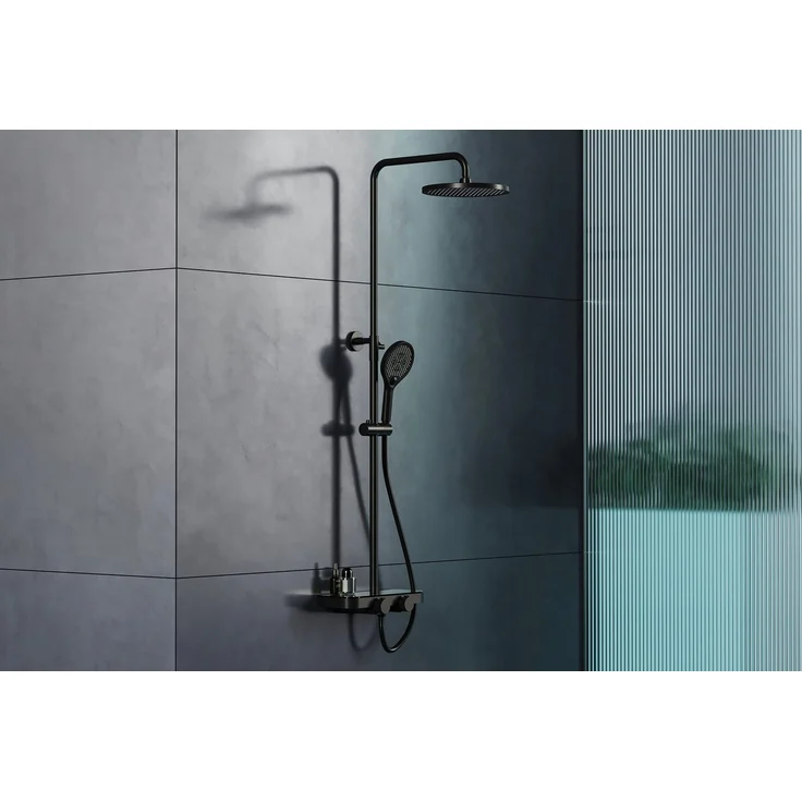Bernstein Duschsystem BS371, Schwarz matt - inkl. Duschkopf und Handbrause - mit Thermostat und Ablagefläche – Bild 1