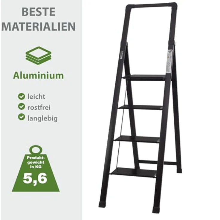 TRUTZHOLM Alu Trittleiter 4-stufig klappbar, bis 150 kg Traglast, Aluminium Silber mit Anti-Rutsch Trittflächen, TÜV/GS geprüft, leicht und platzsparend (Schwarz) – Bild 2