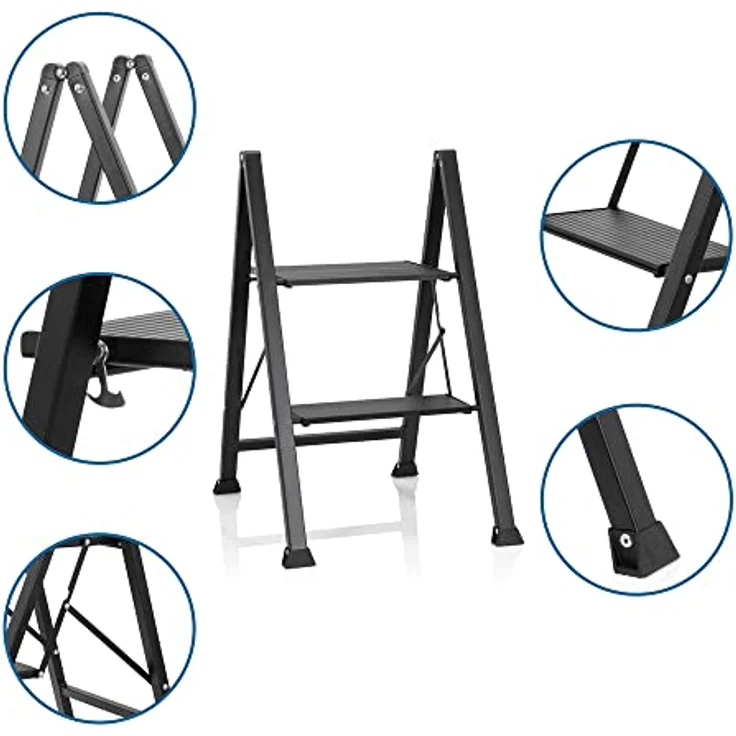 hjh OFFICE 801204 Klapptritt 2 Stufen SOLID W5 Stahl Trittleiter, bis 150 kg belastbar, Tritt klappbar, Schwarz – Bild 2