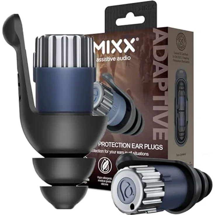Mixx Adaptive Gehörschutzstöpsel, Assistive Audio Earplugs mit 3 Schutzstufen aus hypoallergenem Silikon, individuell anpassbar, für Reisen und Konzentration
